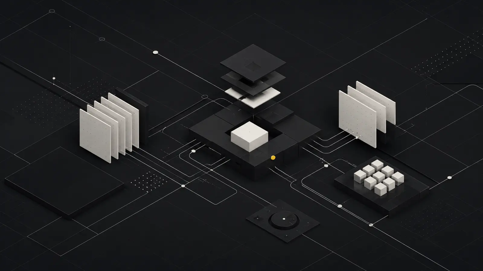 Geometrías técnicas conectadas que representan catálogos, datos y automatización