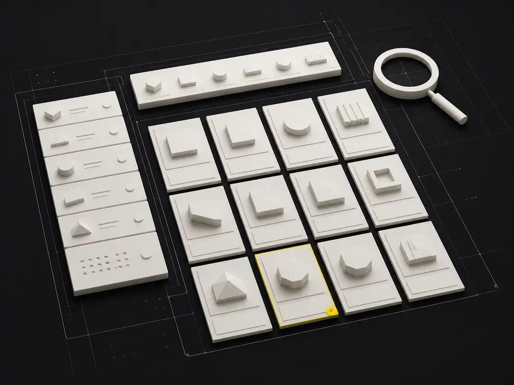 Módulos geométricos organizados como un catálogo con búsqueda y selección